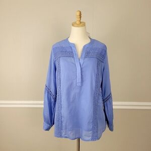 Soft Surroundings TRIANON Pleated Lace Dusty Blue Long Sleeves Shirt Camisole